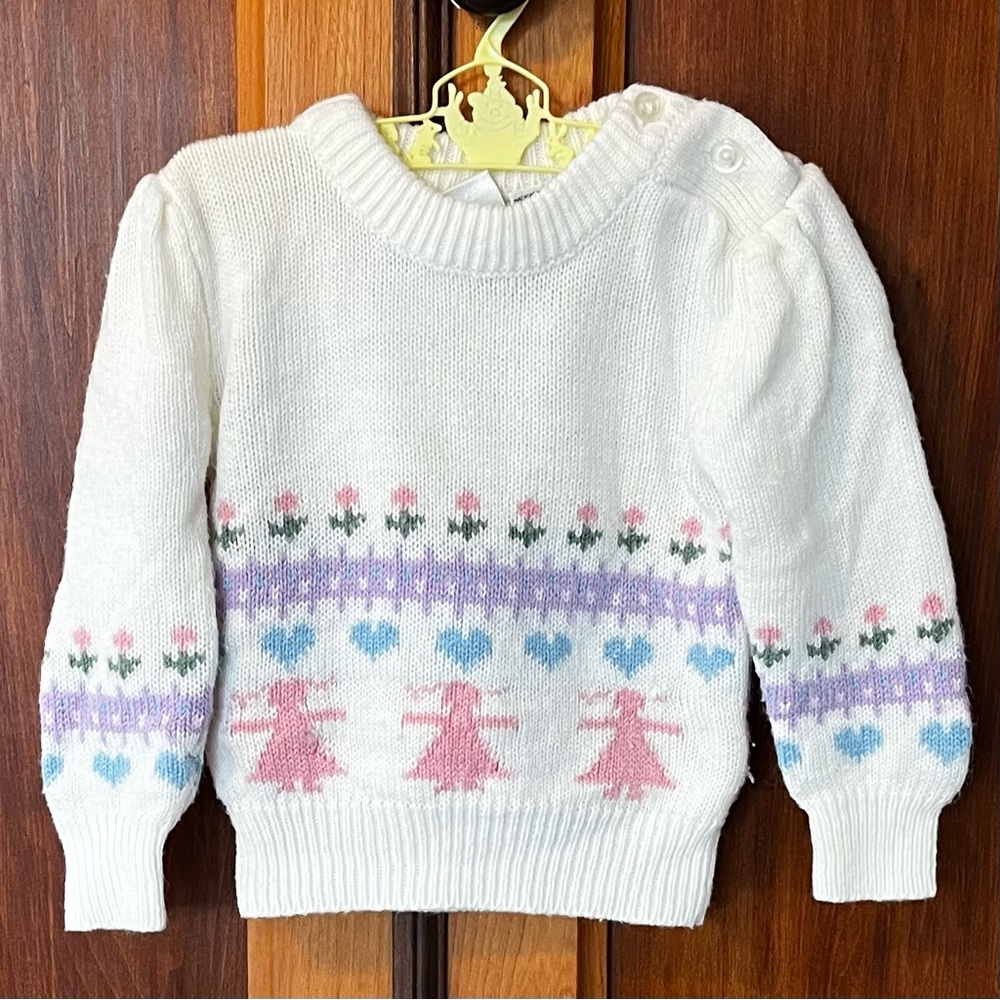 Vintage 80s Little Set 24M Girls White Sweater Pastel Pattern Hearts Flowers
